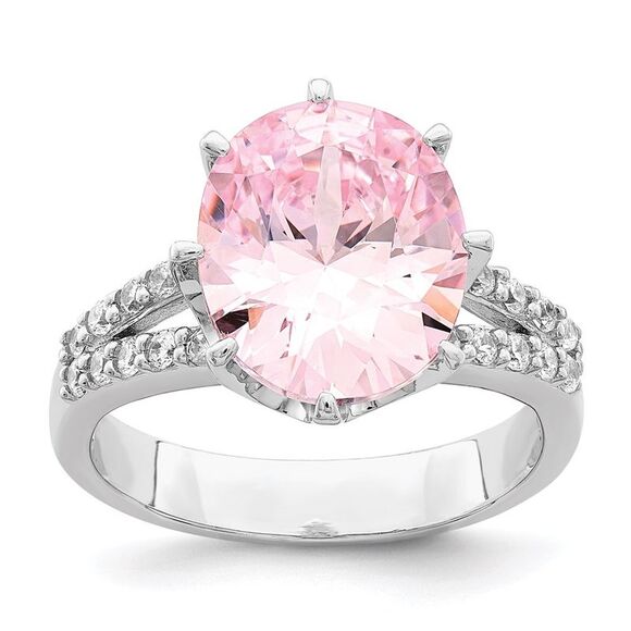 Kazi Luxury Sterling Silver Rhodium-plated 12x10 Oval Pink & White CZ Ring
